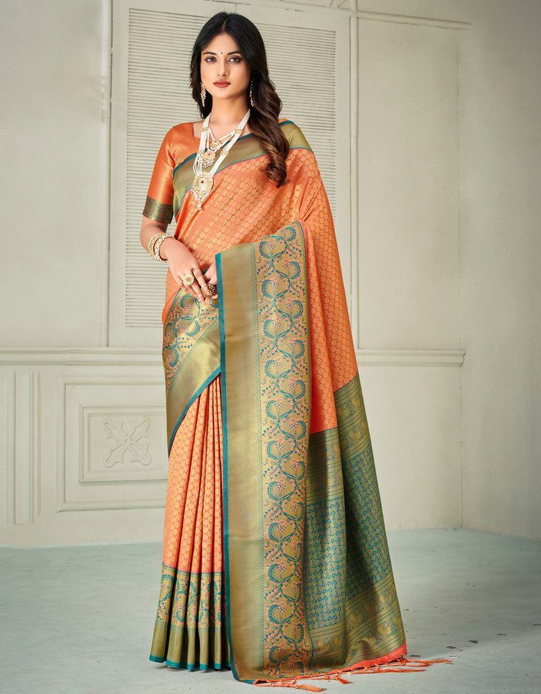 Yogini Silk Banarasi Silk Saree Orange