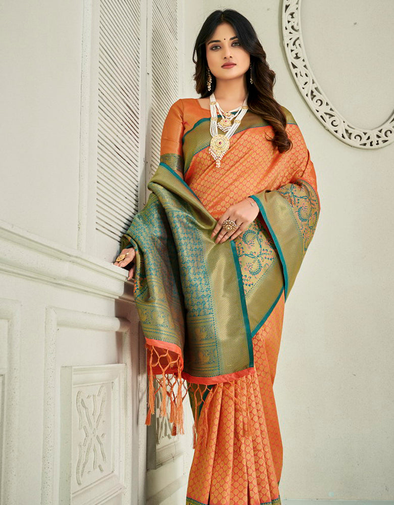 Yogini Silk Banarasi Silk Saree Orange