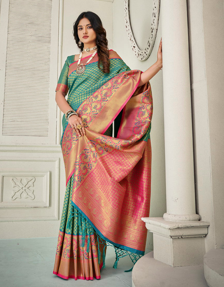 Yogini Silk Banarasi Silk Saree Peacock Green